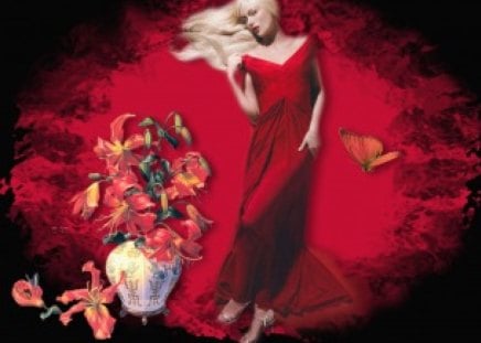 In Red - butterfly, lady, oriental vase, red dress, flowers