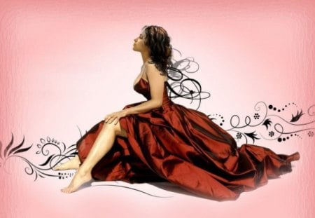 Red Dress - red dress, lady, swirls