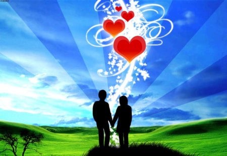 Love, Hearts, Life - world, life, love, sun, lovers, grass, sky, people, holding hands, hearts, nature