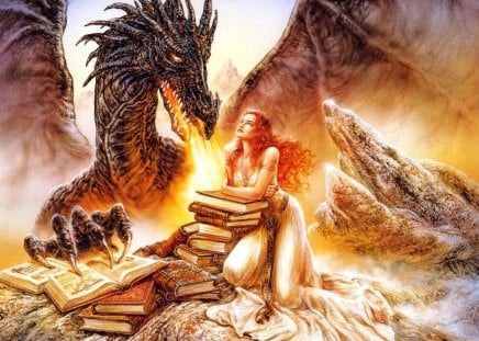 Luis Royo (Woman & Dragon) - woman, beauty, lady, female, girl, luis royo, fantasy, beast, dragon, books