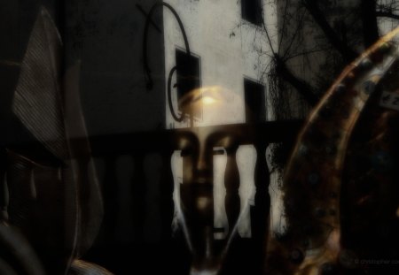 head in a shop window - reflections, window, venice, widescreen, shop, head, surreal