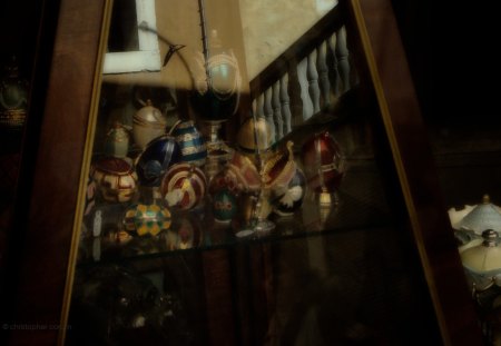 Eggs in a window - glass, venice, widescreen, shop, reflections, eggs, window, faberge, old