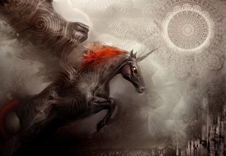 Death Rides on The Darkest Hour - black, charcoal, smoke, city, unicorn, horse