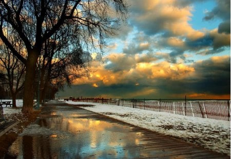 	beaches winter sidewalk reflection - winter, reflection, beaches, sidewalk