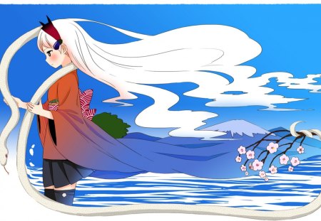 The Girl & The Porcelain Serpent - flowers, white snake, colorful, anime, divine, girl, ocean, white hair