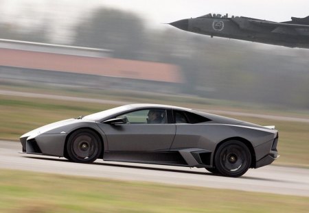 plane vs car - road, plane, car, lamborghini