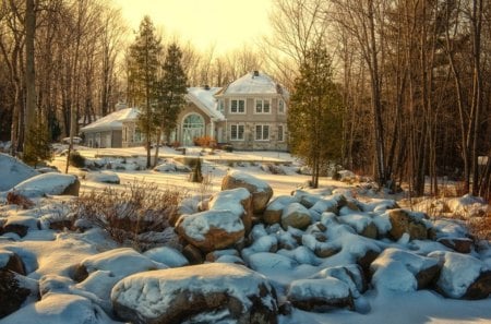 Winter - pretty, magic, snowflakes, snow, light, countryside, holiday, kindness, frost, yard, nice, house, fence, village, frozen, ice, care, new year, deer, cabin, forest, alleys, home, meet, sky, cottage, mood, trees, winter, beautiful, snowy, roe, girl, lovely, tree, christmas, painting, cold, little, park