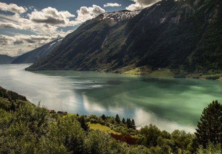 amazing sognefjord in norway - mountains, fjord, trees, clouds