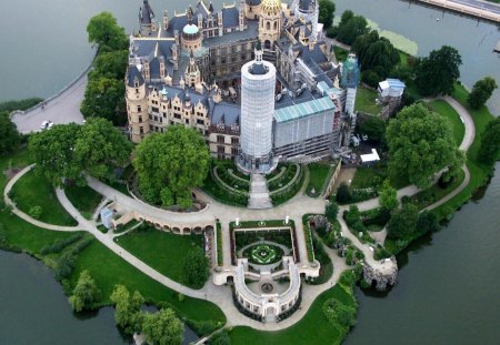 magnificent scherwin castle island in germany - towers, island, castle, trees, grass