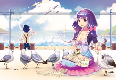 A Lovely Day At The Beach - clouds, anime, birds, relaxing, beach, girl, boy, colorful outfit, sky