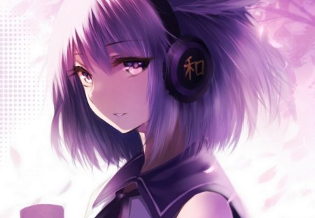 Tagme Touhou - tagme touhou, cute, rest, girl, school, white, fantasy, tea, heart, uniform, dream, short hair, sakura, love, headphone, anime, purpale, smile