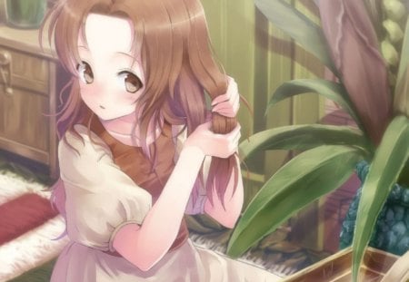 My Hair - cute, short hair, plant, sweet, brown hair, anime, anime girl, girl, brown eyes, female