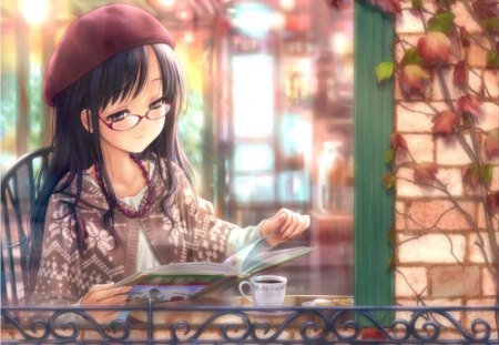 Reading - female, brown eyes, hat, glasses, sunglasses, anime girl, leaf, black hair, book, plant, anime, cute, drink, coffee, girl, long hair, necklace, leave, cup, leaves, sweet