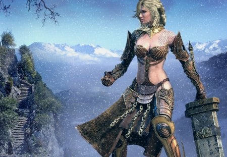 Guild Warrioress - tattoo, female, warrior girls, warrior, gwen joroa, snow, sword, blonde hair, warrioress, armour, armor, guild wars, weapon, games, mountains, video games