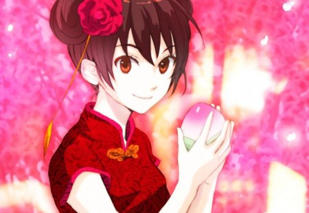 Peach Plum - anime, elegant, female, blossom, food, dress, long hair, oriental, gorgeous, red, plum, fruit, brown eyes, anime girl, girl, chinese, brown hair, sweet, flower, cute, floral