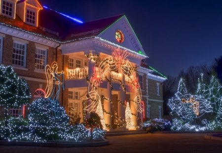 Christmas house - pretty, magic, snowflakes, snow, light, countryside, holiday, kindness, frost, yard, nice, house, fence, village, frozen, care, new year, deer, cabin, forest, alleys, home, meet, sky, cottage, mood, trees, winter, beautiful, snowy, roe, girl, lovely, tree, christmas, painting, cold, little, park