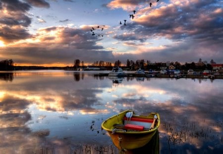 Sunset - beauty, sky, peaceful, water, sunset, reflection, clouds, house, boat, lake, houses, boats, sunlight, lovely, nature, beautiful, splendor, colors