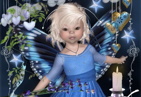 Blue Night - kid, blue, girl, fairy, elve, night