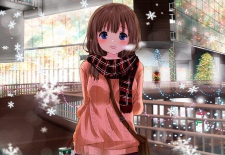 Rahono Erika - Blush, Cute, Rahono Erika, Sweet, Winter, Pink Swetter, Brown Hair, Blue Eyes, Anime, Big Breasts, Girl, Original, Long Hair, Snow, Cold