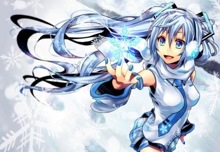 Snow Miku!! - hatsune miku, snowflake, big breasts, girl, blue eyes, music, long hair, vocaloid, snow, blue, cute, white hair