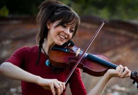 Lindsey Stirling - female, brown, violin, girl, hair, happy, music, instrument, stirling, brunette, lindsey