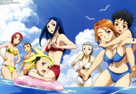 The Water's Fine, Come On!! - girls, fun, ocean, sky, miyu greer, mikoto, bathing suits, my-hime, natsuki, clouds, anime, mai, birds