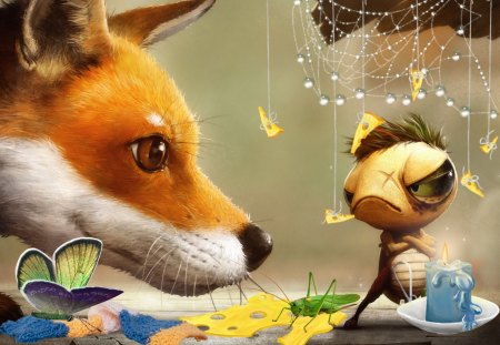 Angry Ant - fox, ant, butterfly, animal, food, angry, cheese