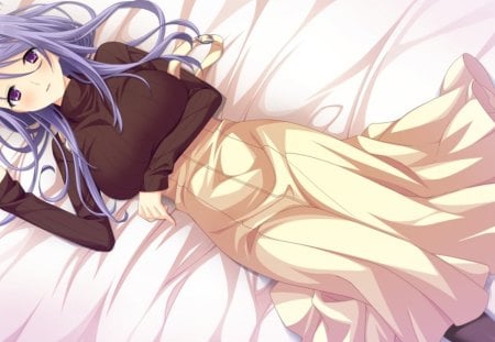 ~I'm Missing You~ - bed, pretty, girl, anime, purple hair, laying down