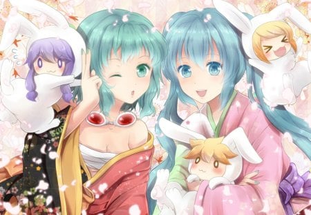 Fun With The Bunnygirls - girls, cute, flowers, anime, bunnygirls, kimonos, petals, colorful, blue hair