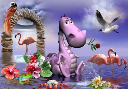 Lovely Dragon - bird, water, dragon, sea, love, flower, flamingo