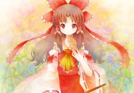 Reimu - talisman, female, girl, long hair, anime girl, hakurei reimu, brown hair, touhou, anime, reimu, ribbon, dress