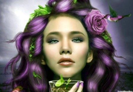 ★This is the Tree of Love★ - pretty, hummingbirds, birds, female, angels, creative pre-made, eyes, flowers, purple, face, softness beauty, purple rose, beautiful, charm, weird things people wear, lovely, hair, tree, girls, glow, colorful, fantasy, lips, lady, cute, love four seasons