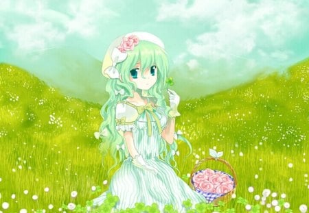 Lucky Clover - anime, female, blossom, dress, grass, anime gir girl female cute long hair green hair green eyes clover lucky clover grass field flower blossom floral petals cloud sky hat dress gown sweet divine lovely ribbon basket rose green, green eyes, green hair, lucky clover, ribbon, field, sky, hat, gown, anime girl, girl, flower, petals, basket, green, cloud, rose, cute, floral, clover