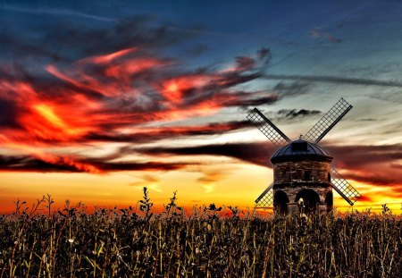 Beautiful Sky - clouds, sunlight, beautiful, mill, splendor, beauty, sunrise, colors, lovely, sunset, nature, field, peaceful, windmill, sky