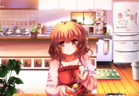 Have a bite - brown eyes, anime, anime girl, female, food, girl, brown hair, short hair, cute, apron, kitchen, utensile