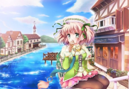 Ice Cream - pretty, anime, female, scenery, blossom, food, scene, dress, green eyes, ice cream, bown hair, short hair, nice, sky, house, gown, anime girl, water, beautiful, girl, scenic, beauty, lovely, sweet, flower, river, cloud, cute, floral, building