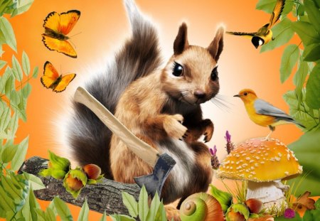 woodcutting squirrels - wood, mushroom, butterfly, squirrel, leaves