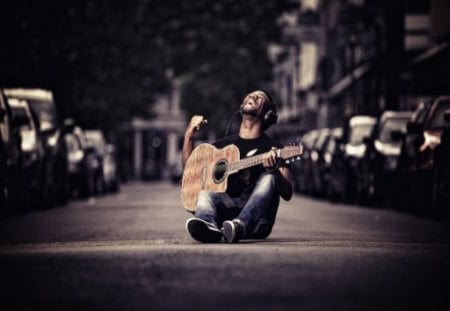 the street singer - guitar, headphones, passion, singer, on the  street