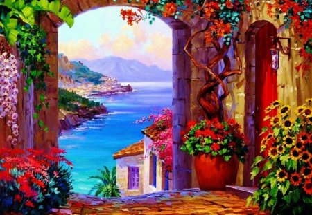 Sea view - colorful flowers, house, beautiful colors, hills, beautiful view, sea, Painting