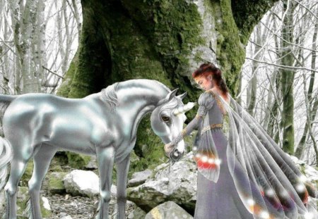 Fairy & Unicorn - lady, fantasy, art, gorgeous, horse, forest, beautiful, beautiful nature, fairy, unicorn, beautiul