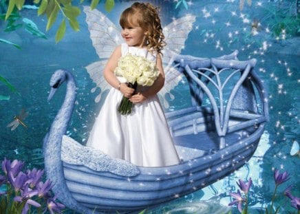 Beautiful Little Angel - boats, trees, white dress, glitter, white flowers, beautiful blue nature, small angel wings, flowers, butterflies