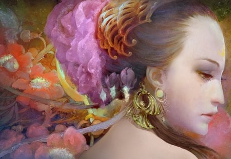 Flowers In Her Hair - flowers, fantasy, woman, earring, hair