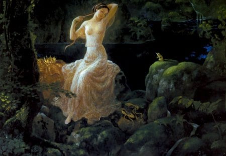 Princess And The Frog - woman, princess, lake, trees, frog, crown, waterfall, fantasy, rocks