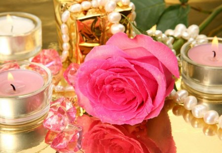 roses, candles and pearls - roses, candles, still life, pearls