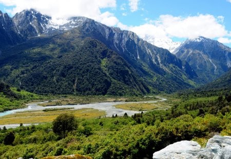 Creamy Creek - sky, trees, forests, colorful, mountains, nature, creamy creek, snow, beautiful, clouds, new zeeland