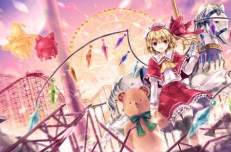 ~Fun At The Carnival~ - Flandre Scarlet, fun, anime, girl, rides, colorful, Touhou, teddy bear, ballons, carnival