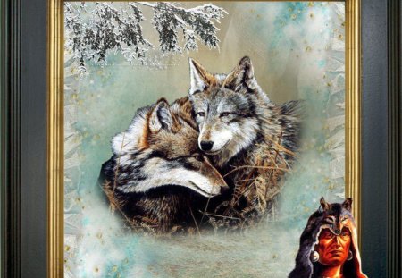 a framed picture of wolves - wolves, indian, two, wild