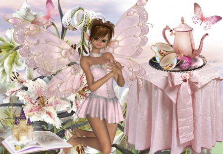 Lily Fairy - girl, lily, tea, fairy, flower