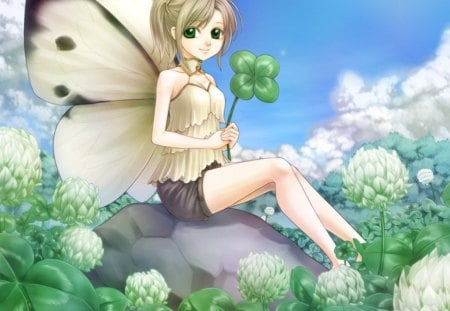 Clover Fairy - anime, female, wing, scenery, blossom, scene, dress, blonde, green eyes, long hair, lucky clover, sky, gown, anime girl, hot, girl, blonde hair, scenic, flower, bloom, fantasy, wings, fairy, cloud, cute, floral, sexy, clover