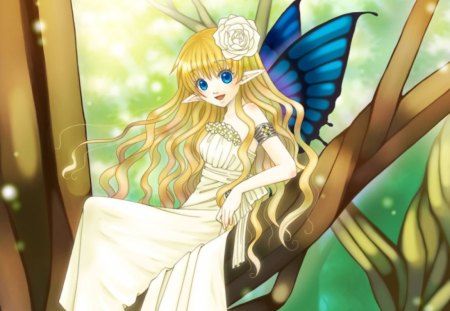 Fairy - pretty, anime, magic, female, wing, blossom, dress, blonde, magical, long hair, blue eyes, gown, branch, anime girl, beautiful, hot, girl, blonde hair, beauty, sweet, tree, bloom, fantasy, wings, floweer, fairy, cute, floral, sexy